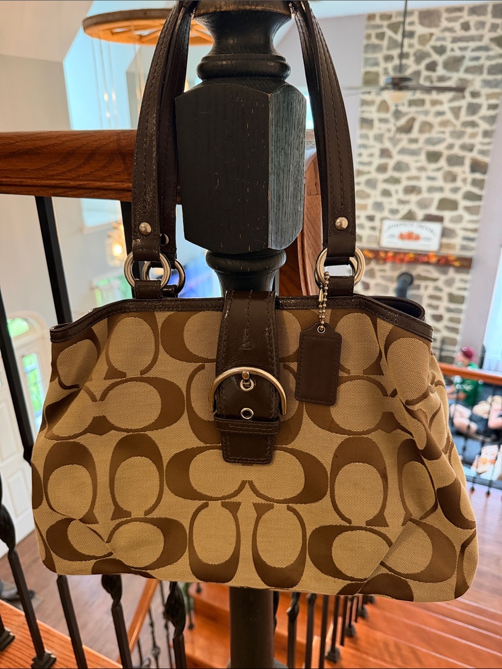 Coach Soho Signature Carry All in Tan and Brown Signature Canvas Shoulder Bag